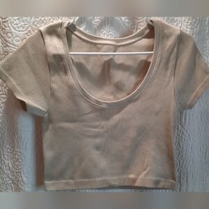 Aerie Womans Crop Top Large Beige Ribbed Stretch Casual Party Festival Classic